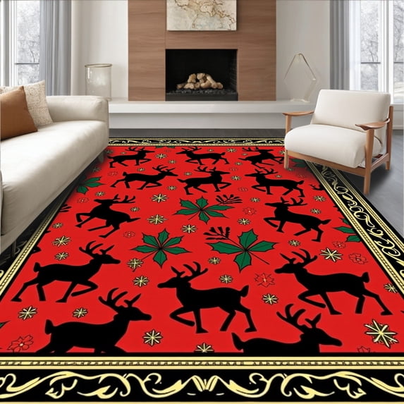 ODIKA 2'x3' Machine Washable Non-Slip Area Rug, Classic Reindeer with Festive Motifs High Traffic Rug, Red, 742261