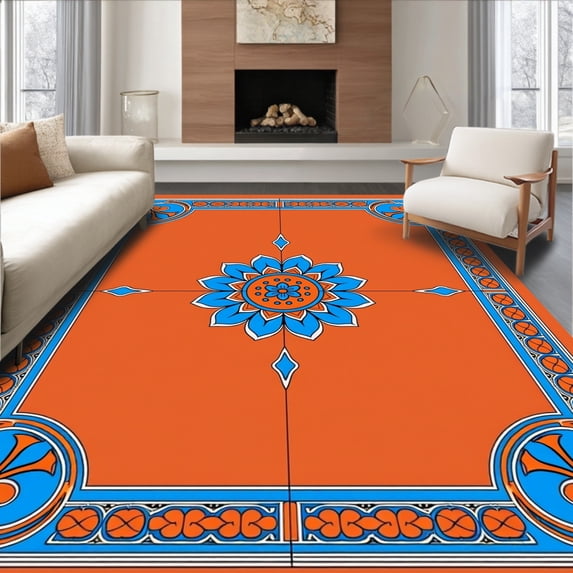 ODIKA 2'x3' Machine Washable Non-Slip Area Rug, Classic Rosette Mosaic with Decorative Corner Accents High Traffic Rug, Orange, 664080