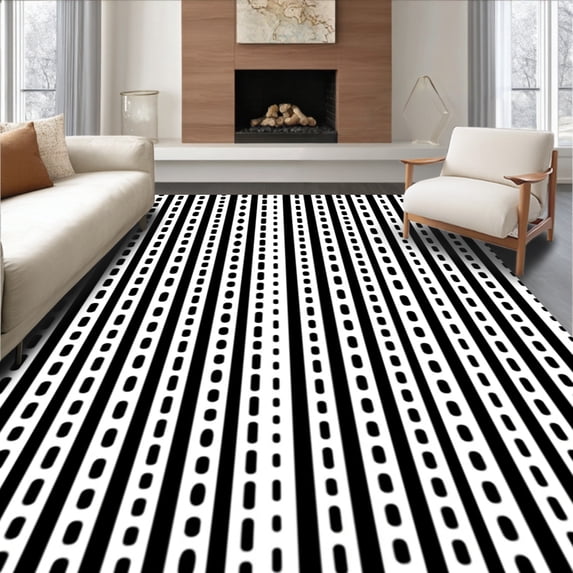 ODIKA 2'x3' Machine Washable Non-Slip Area Rug, Classic Striped Plaid With Bold Contrasting Lines High Traffic Rug, Black, 458238