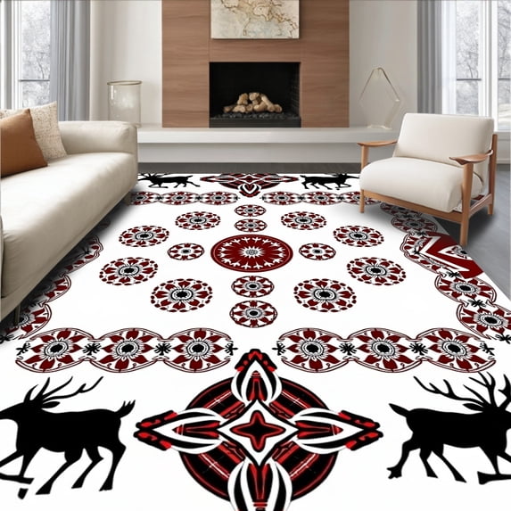 ODIKA 2'x3' Machine Washable Non-Slip Area Rug, Classic Tartan Patchwork Reindeer Ornament Design High Traffic Rug with Pad, Black, 627561