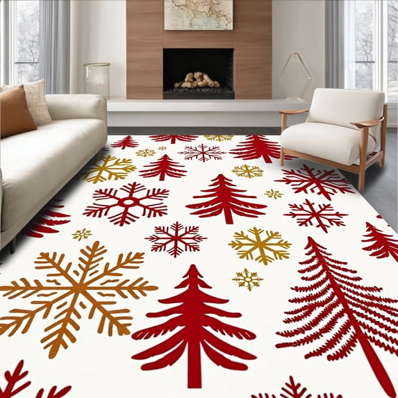 ODIKA 2'x3' Machine Washable Non-Slip Area Rug, Classic Yuletide Snowflake Array with Stylized Evergreen High Traffic Rug, Red, 611422