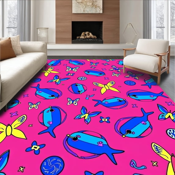 ODIKA 2'x3' Machine Washable Non-Slip Area Rug, Colorful Abstract Seal and with Playful Motifs High Traffic Rug with Pad, Pink, 726188