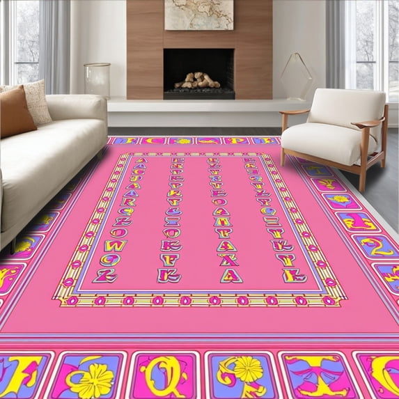 ODIKA 2'x3' Machine Washable Non-Slip Area Rug, Colorful Alphabet Blocks with Shapes and Numbers Interactive Puzzle High Traffic Rug with Pad, Pink, 697800