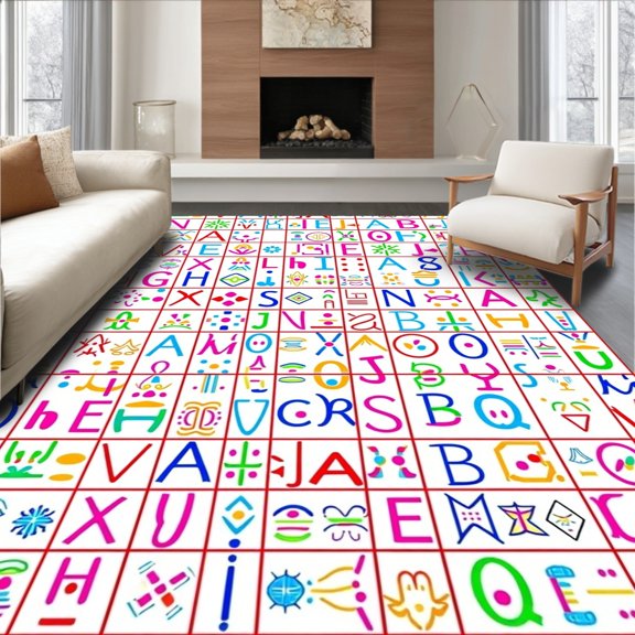 ODIKA 2x3 Machine Washable Non-Slip Area Rug, Colorful Letter Grid Featuring Whimsical Characters and Dynamic High Traffic Rug, Pink, 698988