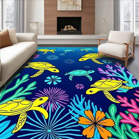 ODIKA 2x3 Machine Washable Non-Slip Area Rug, Colorful Sea Turtles Swimming Through Coral Reef Underwater High Traffic Rug, Blue, 679690