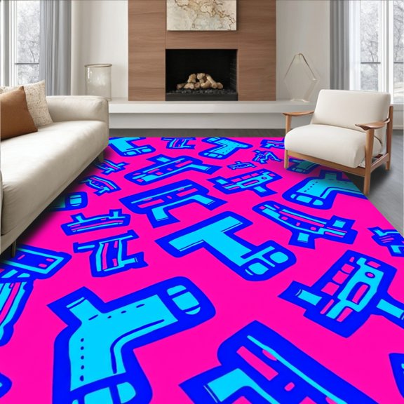 ODIKA 2x3 Machine Washable Non-Slip Area Rug, Colorful Vehicle Journey Featuring Artistic Engine Illustrations High Traffic Rug, Pink, 600227