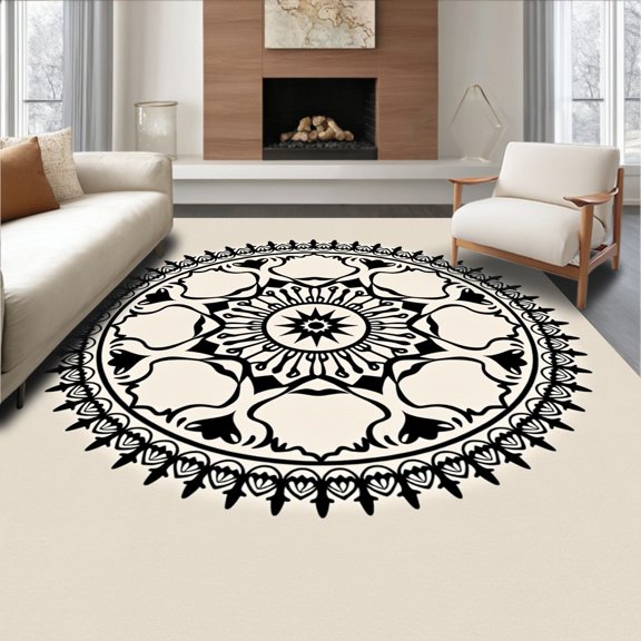 ODIKA 2x3 Machine Washable Non-Slip Area Rug, Compass Rose Symmetrical Zen Meditation Centerpiece High Traffic Rug, Black, 578118