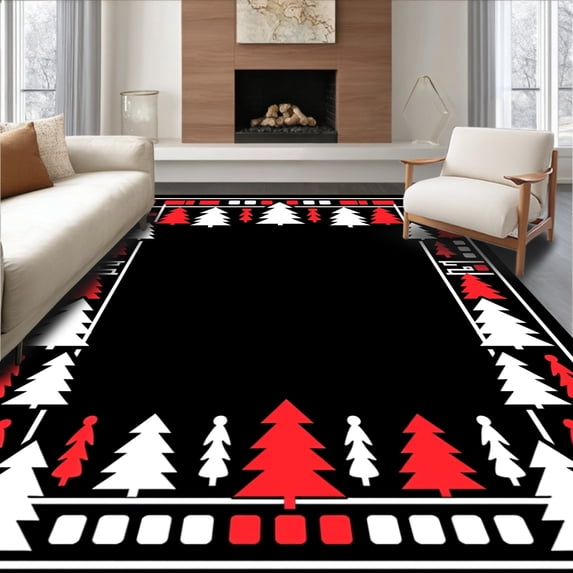ODIKA 2'x3' Machine Washable Non-Slip Area Rug, Conifer Celebration Doormat Festive Winter Welcoming High Traffic Rug, Black, 732028