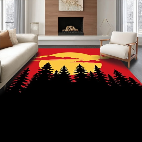ODIKA 2'x3' Machine Washable Non-Slip Area Rug, Conifer Grove Dusk DIY Latch Hook Kit with Silhouetted Pines High Traffic Rug with Pad, Red, 744653