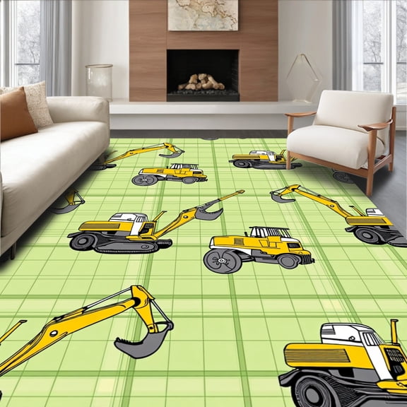 ODIKA 2x3 Machine Washable Non-Slip Area Rug, Construction Vehicle Parade With Excavators and Dump Trucks High Traffic Rug, Yellow, 440236