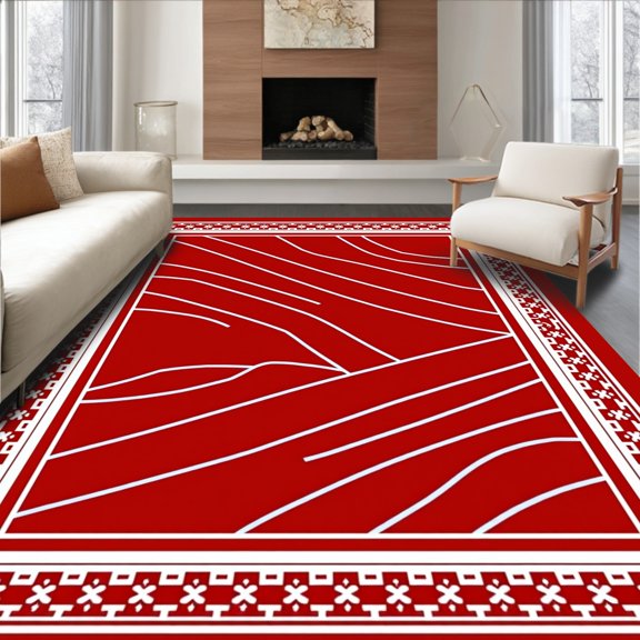 ODIKA 2x3 Machine Washable Non-Slip Area Rug, Contemporary Chevron Waves with Lattice Border High Traffic Rug, Red, 464079