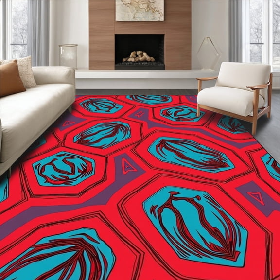 ODIKA 2x3 Machine Washable Non-Slip Area Rug, Contemporary Interlocking Hexagonal Motifs with Artistic Brush Strokes High Traffic Rug, Red, 382707