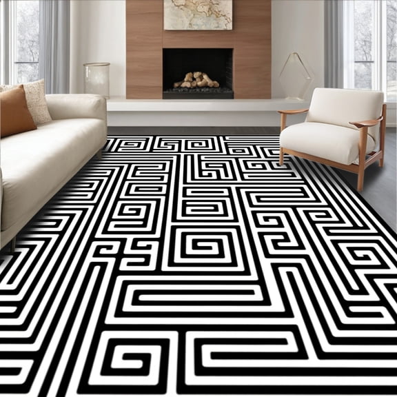 ODIKA 2x3 Machine Washable Non-Slip Area Rug, Contemporary Maze Labyrinth Puzzle Grid Interlacing Artisan High Traffic Rug, Black, 578956