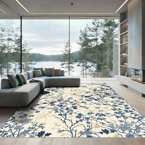 ODIKA 2x3 Machine Washable Non-Slip Area Rug, Contemporary Navy Blue High Traffic Rug, Beige, 1093709