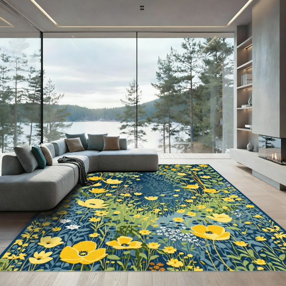 ODIKA 2'x3' Machine Washable Non-Slip Area Rug, Contemporary Yellow High Traffic Rug, Blue, 1085417