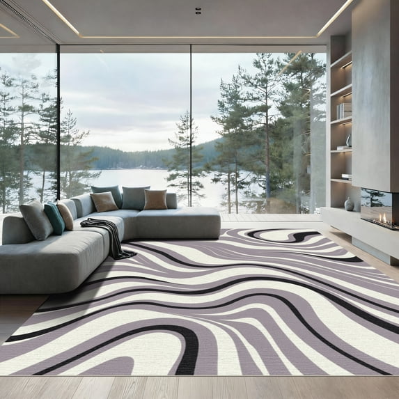 ODIKA 2'x3' Machine Washable Non-Slip Area Rug, Contoured Wave with Interlocking Ribbon Like Bands High Traffic Rug with Pad, Ivory, 916326