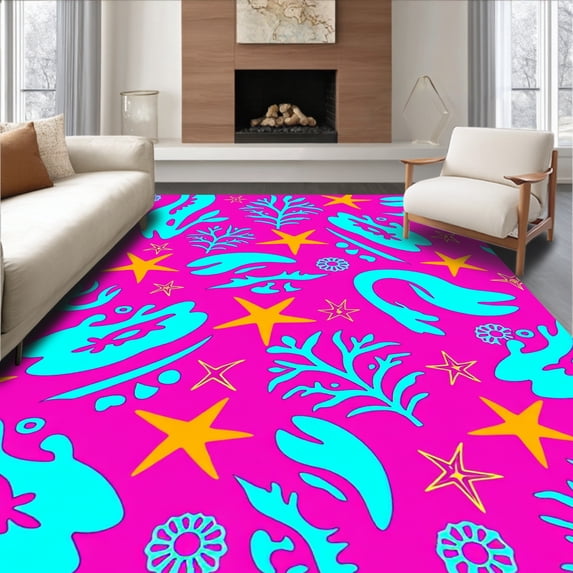 ODIKA 2'x3' Machine Washable Non-Slip Area Rug, Coral Reef Starfish Seashell Underwater Garden Bath High Traffic Rug with Pad, Pink, 701890
