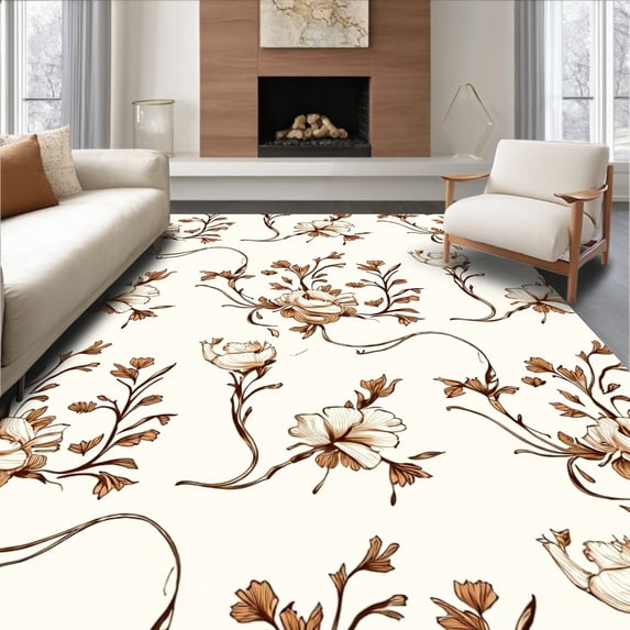 ODIKA 2'x3' Machine Washable Non-Slip Area Rug, Cottage Garden Bloom Motif with Intricate Floral Scrollwork High Traffic Rug with Pad, Brown, 544719
