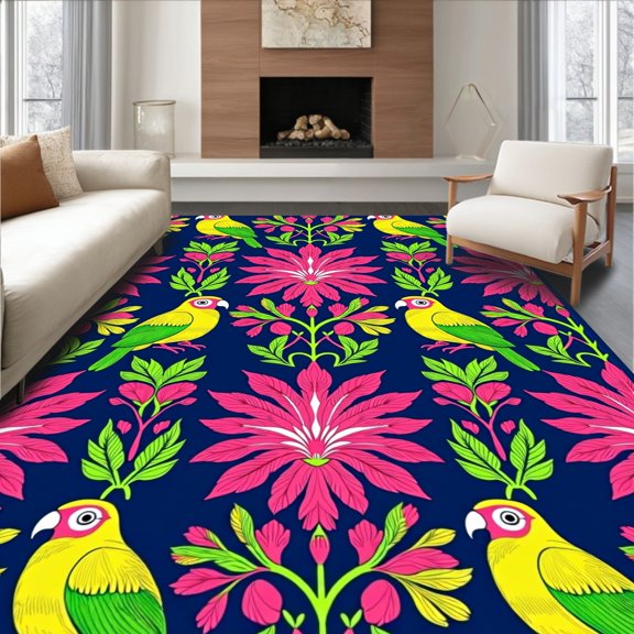 ODIKA 2x3 Machine Washable Non-Slip Area Rug, Cottage Parrot Damask with Tropical Leaf Borders High Traffic Rug, Blue, 477906