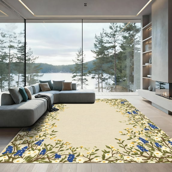 ODIKA 2'x3' Machine Washable Non-Slip Area Rug, Cottagecore Beige High Traffic Rug with Pad, Beige, 1045983