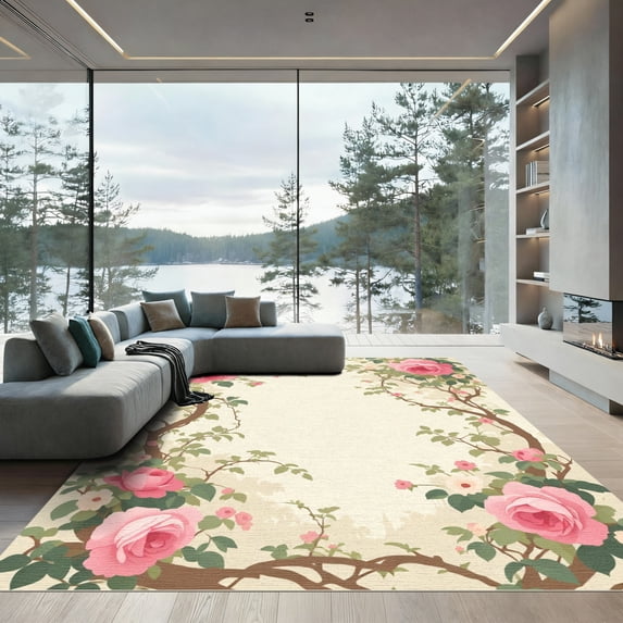 ODIKA 2'x3' Machine Washable Non-Slip Area Rug, Cottagecore Pink High Traffic Rug, Pink, 1082519