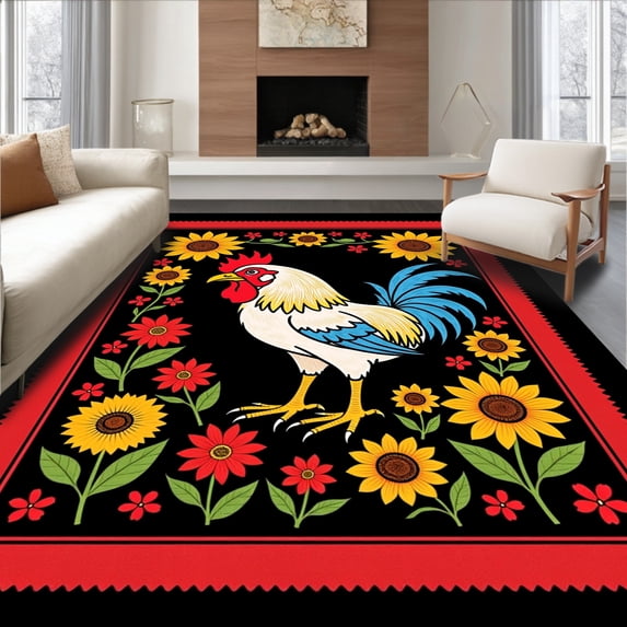 ODIKA 2'x3' Machine Washable Non-Slip Area Rug, Countryside Barnyard Rooster Sunflower Artistic High Traffic Rug, Red, 520923
