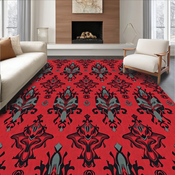 ODIKA 2x3 Machine Washable Non-Slip Area Rug, Crimson Mosaic Interlocking Tile Motif with Charcoal Details High Traffic Rug, Red, 618718