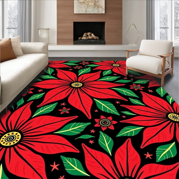 ODIKA 2'x3' Machine Washable Non-Slip Area Rug, DIY Making Kit Festive Poinsettia Blossom Artwork High Traffic Rug with Pad, Red, 645036