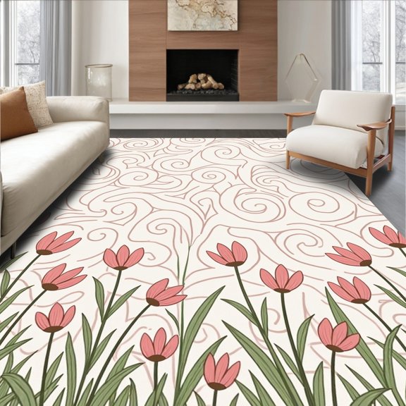 ODIKA 2x3 Machine Washable Non-Slip Area Rug, Dainty Meadow Print with Curved Interlocking Stems and Whimsical Buds High Traffic Rug, Pink, 419412