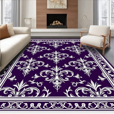 ODIKA 2'x3' Machine Washable Non-Slip Area Rug, Damask Floral Motif Floor Covering with Classic European Elegance High Traffic Rug, Purple, 478025