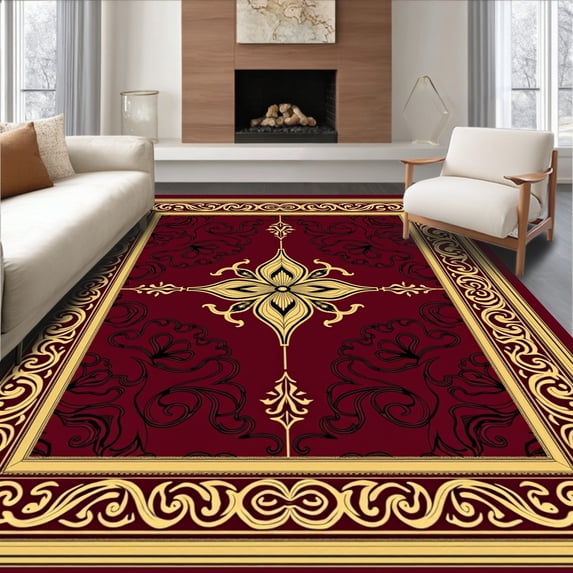 ODIKA 2'x3' Machine Washable Non-Slip Area Rug, Damask Flourish Accent with Baroque Scrollwork High Traffic Rug with Pad, Red, 616626