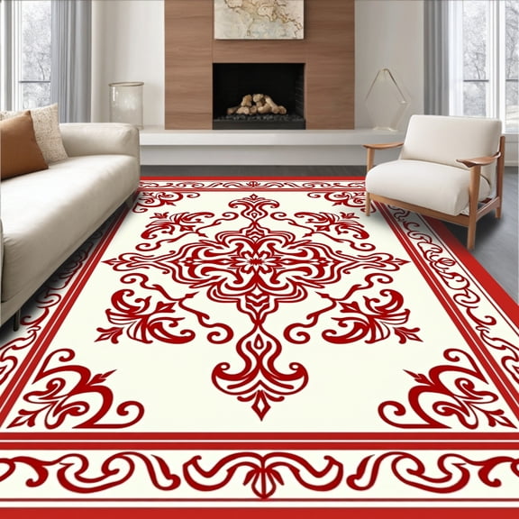 ODIKA 2'x3' Machine Washable Non-Slip Area Rug, Damask Flourish Anti Skid Hallway with Cushioned Base High Traffic Rug, Red, 459087