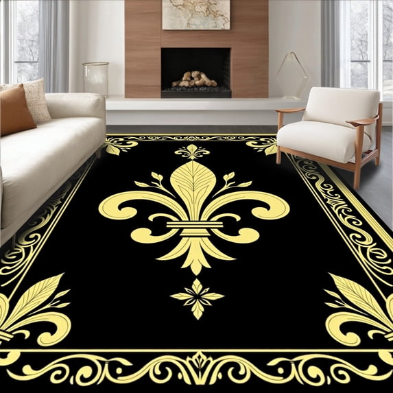 ODIKA 2'x3' Machine Washable Non-Slip Area Rug, Damask Flourish with Ornamental Scroll and Fleur de Embellishments High Traffic Rug, Black, 462811