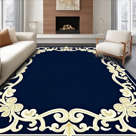 ODIKA 2'x3' Machine Washable Non-Slip Area Rug, Damask Scroll Work with Flourish Border High Traffic Rug, Blue, 450573