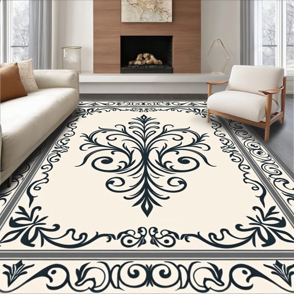 ODIKA 2'x3' Machine Washable Non-Slip Area Rug, Damask Scrollwork Traditional Ornamental Flourish Design High Traffic Rug, Ivory, 477067