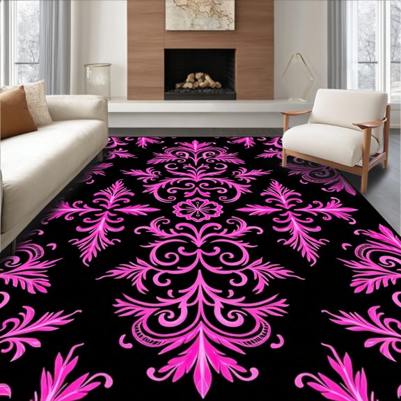 ODIKA 2x3 Machine Washable Non-Slip Area Rug, Damask Swirl Tree Skirt Courtship Dance Celebration Platform High Traffic Rug, Black, 741071