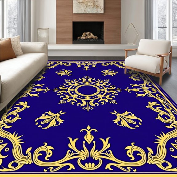 ODIKA 2x3 Machine Washable Non-Slip Area Rug, Damask with Ornate Flourish Decorative Accent High Traffic Rug, Blue, 729681