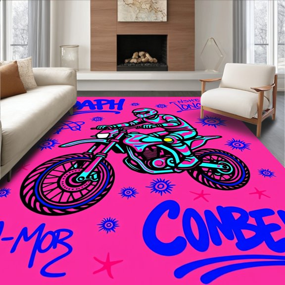 ODIKA 2x3 Machine Washable Non-Slip Area Rug, Daredevil Biker Spray Expressive Sketch Decorative High Traffic Rug, Pink, 536374