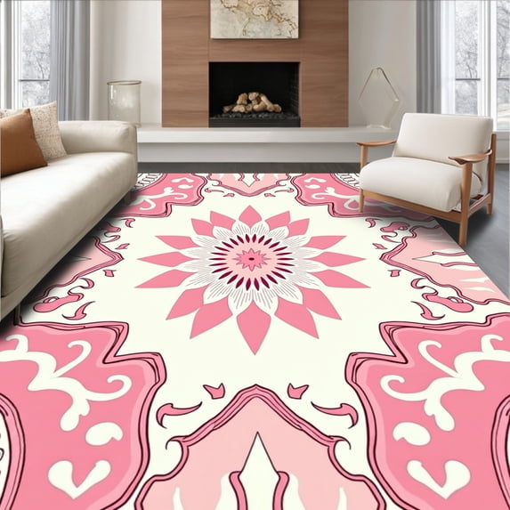 ODIKA 2'x3' Machine Washable Non-Slip Area Rug, Delicate Floral Medallion with Intricate Boho Motifs and Curved Accents High Traffic Rug with Pad, Pink, 447659