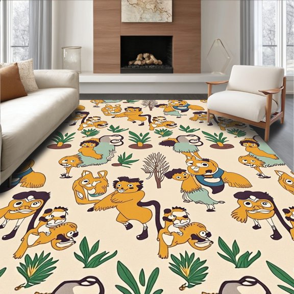 ODIKA 2x3 Machine Washable Non-Slip Area Rug, Delightful Jungle Safari Scene with Friendly Lions Monkeys and Giraffes High Traffic Rug, Beige, 684446