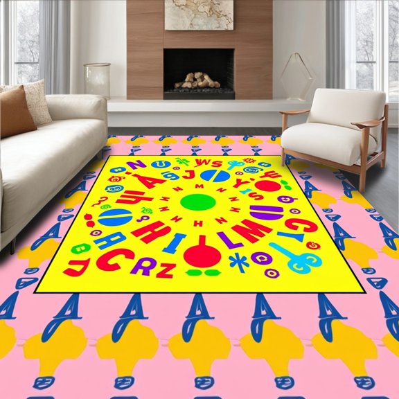 ODIKA 2x3 Machine Washable Non-Slip Area Rug, Developmental Language Discovery Showcasing Phonetic Symbols High Traffic Rug, Yellow, 690310