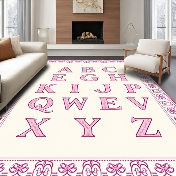 ODIKA 2'x3' Machine Washable Non-Slip Area Rug, Developmental Vocabulary Instruction Surface With Artful Characters High Traffic Rug, Pink, 692296