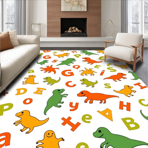 ODIKA 2'x3' Machine Washable Non-Slip Area Rug, Dino Alphabet Adventure with Cute Prehistoric Figures and Letters High Traffic Rug with Pad, White, 698401