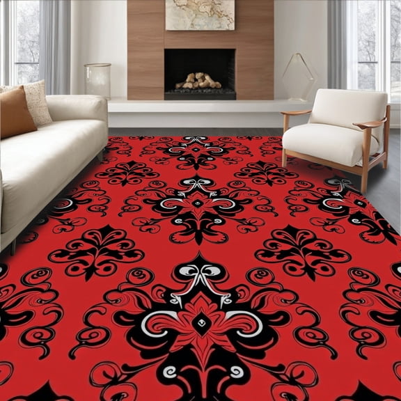 ODIKA 2'x3' Machine Washable Non-Slip Area Rug, Distressed Damask Flourish High Traffic Rug, Red, 491228