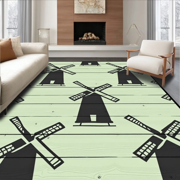 ODIKA 2x3 Machine Washable Non-Slip Area Rug, Distressed Prairie Windmill on Reclaimed Timber Print High Traffic Rug, Green, 663758