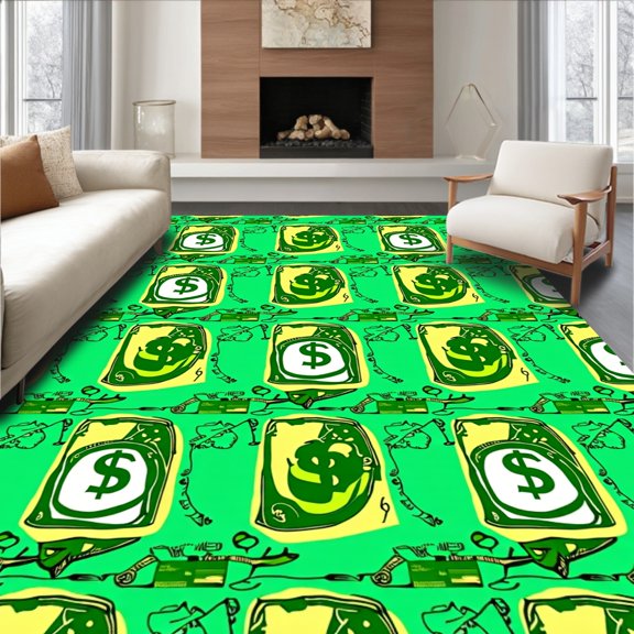ODIKA 2x3 Machine Washable Non-Slip Area Rug, Dollar Bill Stack Cartoon Cash Design High Traffic Rug, Green, 719683