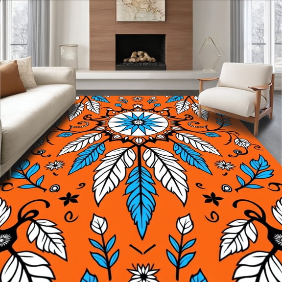 ODIKA 2x3 Machine Washable Non-Slip Area Rug, Dreamcatcher Feather Native Art Mystical Symbol High Traffic Rug, Orange, 713047