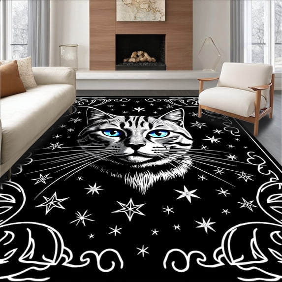 ODIKA 2'x3' Machine Washable Non-Slip Area Rug, Dreamscape Feline Portrait Surrounded by Whimsical Constellation Motifs High Traffic Rug, Black, 729855