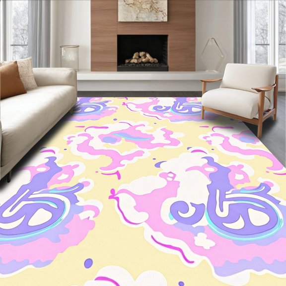 ODIKA 2x3 Machine Washable Non-Slip Area Rug, Dreamy Cloudscape Letter with Floating Alphabets and Subtle Whirls High Traffic Rug, Yellow, 692087