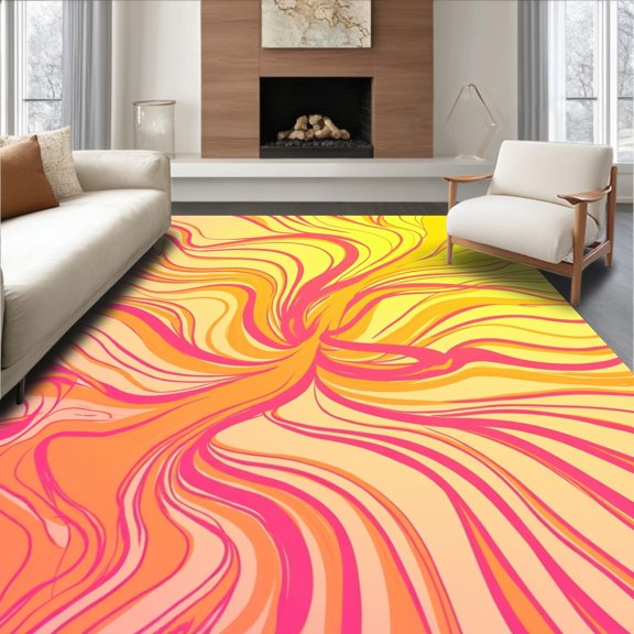 ODIKA 2x3 Machine Washable Non-Slip Area Rug, Dreamy Sunset Flora Abstract With Artistic Swirls High Traffic Rug, Yellow, 332586